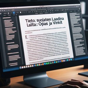 Tietosuojaseloste eli digitaalinen asiakirja tietokoneen näytöllä, otsikkona 'Tietosuojaselosteen Laadinta: Opas ja Vinkit'.
